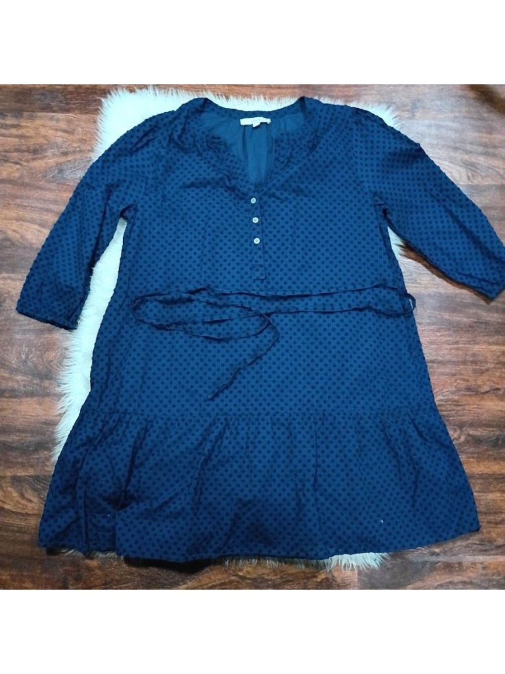 Loft Womens Polka Dot Navy Blue Dress XL Lightweight Cotton 3/4 Sleeve - Picture 13 of 13